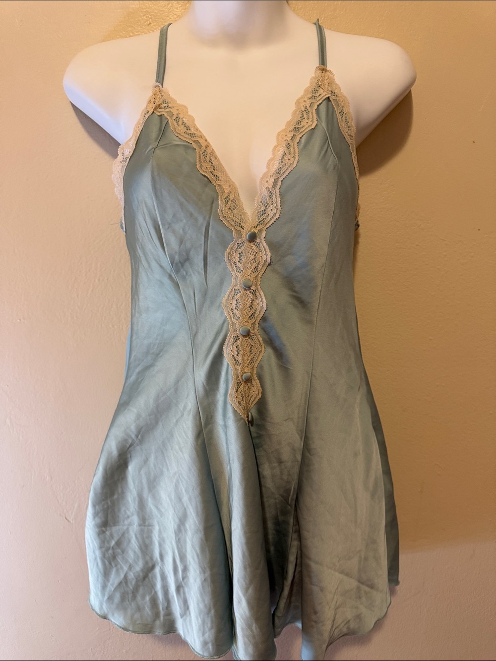 Sage Green Lace-Trim Satin Chemise